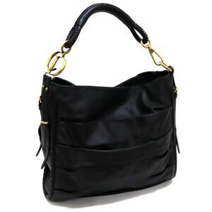 Christian Dior Pleated Hobo Semi-shoulder Bag Black Leather Gold Hardware